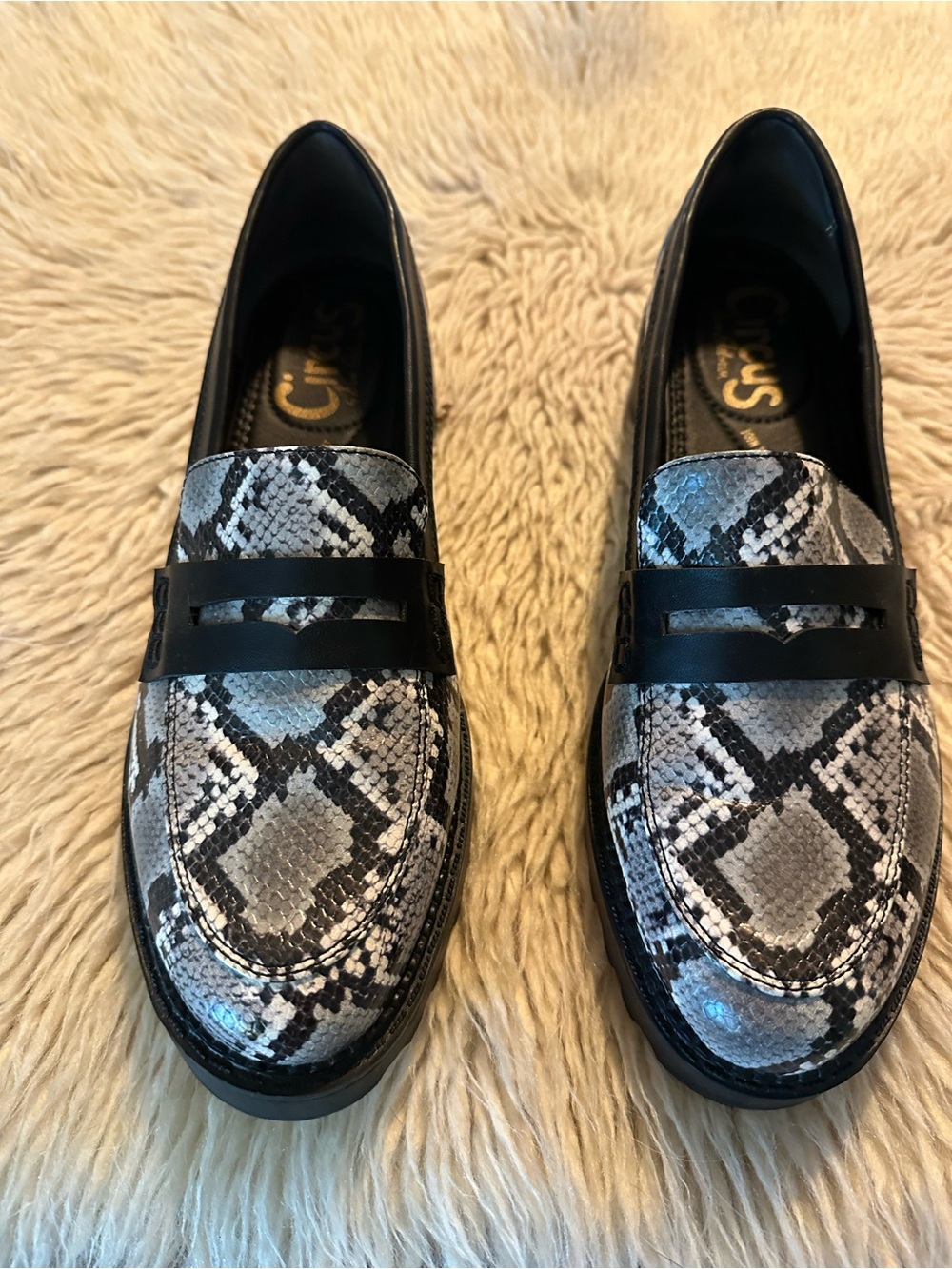 Circus by Sam Edelman Black and Gray Snake-Print Loafers Size 9.5